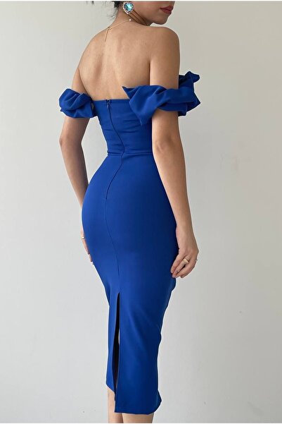 vuvutasarım Сукня-олівець Saks Блакитна атласна тканина без бретелей, занижені плечі та розрізи, детальна сукня-міді 219