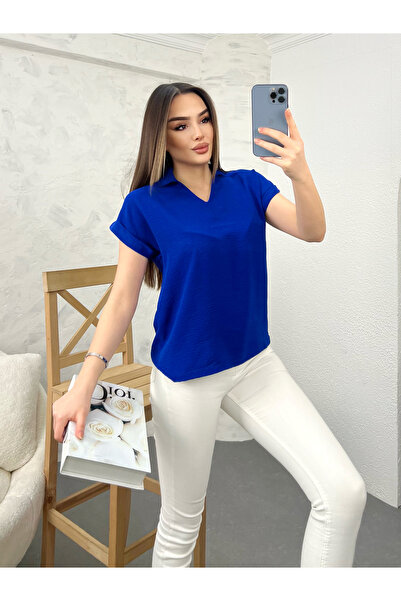 modavingo Γυναικεία μπλούζα Sax Blue με λαιμόκοψη σε σχήμα V