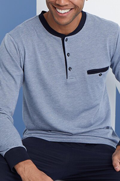 KLY Erkek Uzun Kol Düğmeli Yaka Mevsimlik %100 Pamuk Mavi Pijama Takımı C9T2N6O1