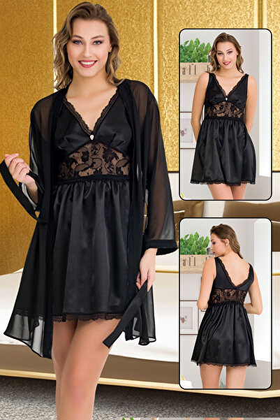 Jenny Daphne Сатиновий чорний халат з 2 предметів 15204