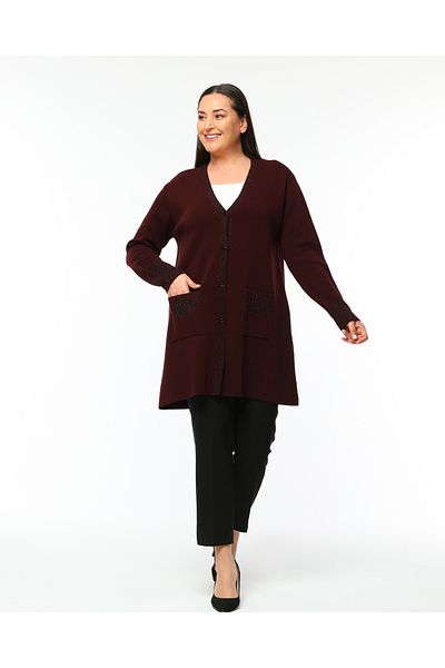 Laden Plus Size Women's Medium Thick Special Knitwear Glittery Long Soft Mother Claret Red Cardigan