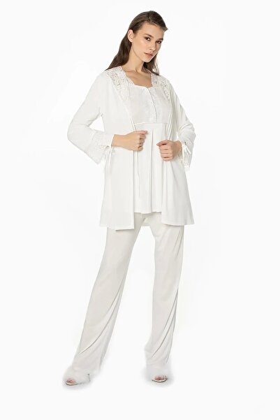 Pierre Cardin طقم بيجامة نسائي من القطن الممشط مكون من 3 قطع 3050 - إكرو