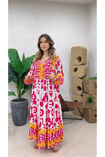 ZF BUTİK GEMUSTERTES LANGES KLEID MIT V-AUSSCHNITT UND BINDE