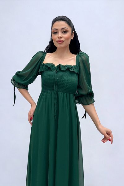 giyimmasalı Chiffon Fabric Midi Dress with Chest Gather Detail - EMERAL GREEN