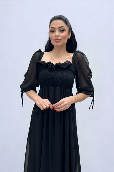 giyimmasalı Chiffon Fabric Midi Dress with Chest Gather Detail - BLACK