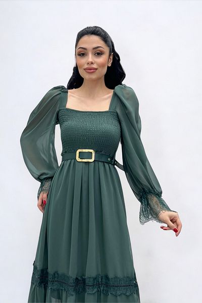 giyimmasalı Chiffon Fabric Gathered Lace Detailed Midi Dress - KHAKI GREEN