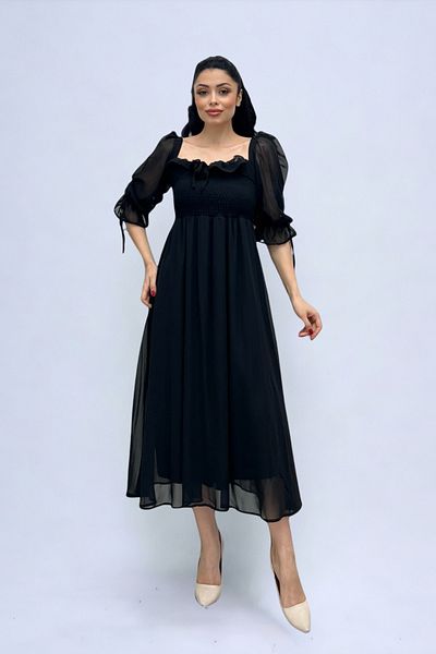 giyimmasalı Chiffon Fabric Midi Dress with Chest Gather Detail - BLACK