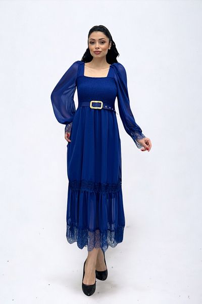 giyimmasalı Chiffon Fabric Gathered Lace Detailed Midi Dress - SAX BLUE