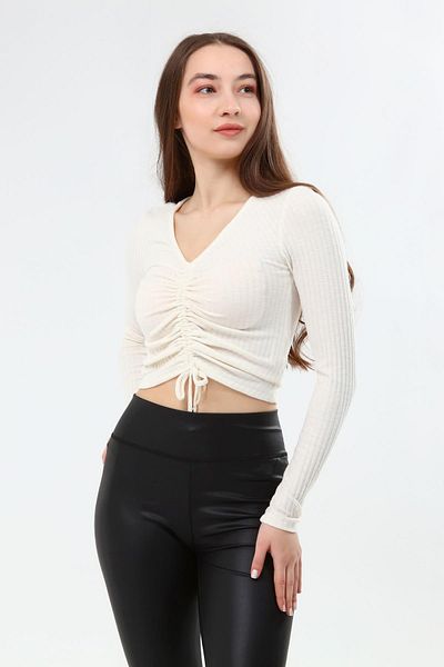 Miss Murem White U-neck Gathered Blouse