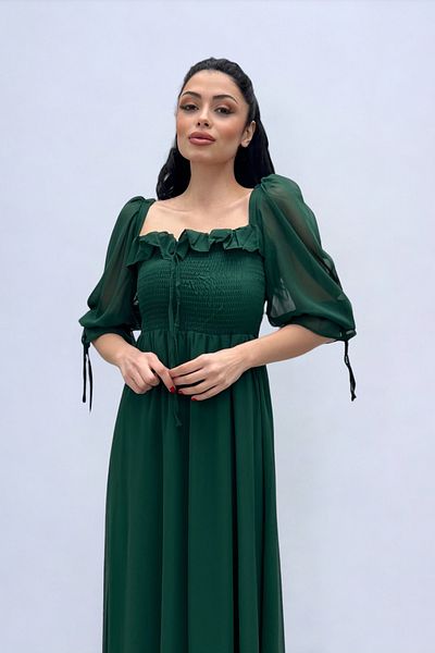 giyimmasalı Chiffon Fabric Midi Dress with Chest Gather Detail - EMERAL GREEN