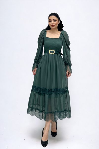 giyimmasalı Chiffon Fabric Gathered Lace Detailed Midi Dress - KHAKI GREEN