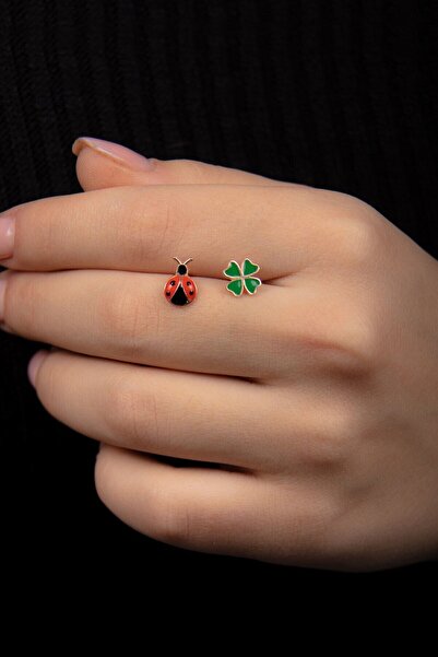 Hiç Gümüş Yoncalı Uğur Böcekli Zirkon Taşlı 925 Ayar Gümüş Rose Kadın Küpe