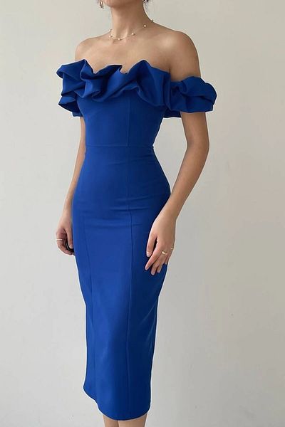 WOMAN VISION Rochie de damă, din țesătură Atlas, fără bretele, cu decolteu în afara umărului și cu fantă, Saks Blue Midi Pencil Dress 219