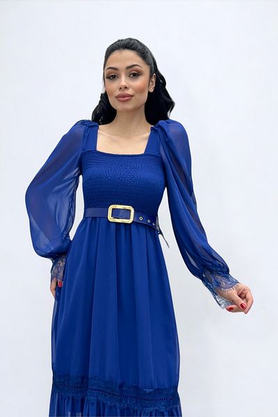 giyimmasalı Chiffon Fabric Gathered Lace Detailed Midi Dress - SAX BLUE