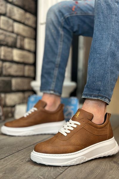 BOUIS Ανδρικά Tan White Sports Casual Παπούτσια με ψηλή χοντρή λευκή σόλα με κορδόνια