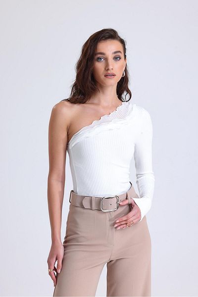 Miss Murem Single Shoulder Tulle Detailed Blouse-WHITE