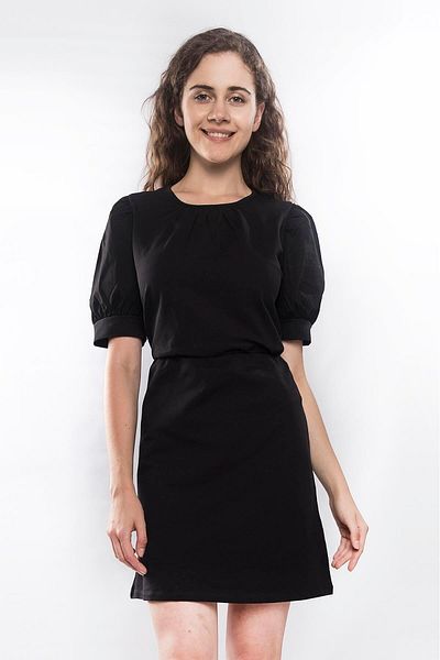 Miss Murem Collar Gathered Elastic Waist Dress-black