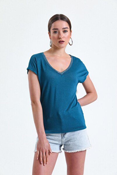 Miss Murem V-Neck Glitter Blouse-Petrol Blue
