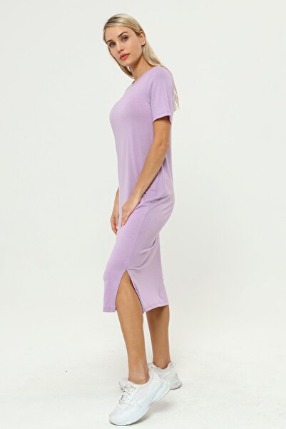 Miss Murem Slit Short Sleeve Dress-lilac