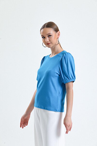 Miss Murem Watermelon Sleeve Corded Blouse-BLUE