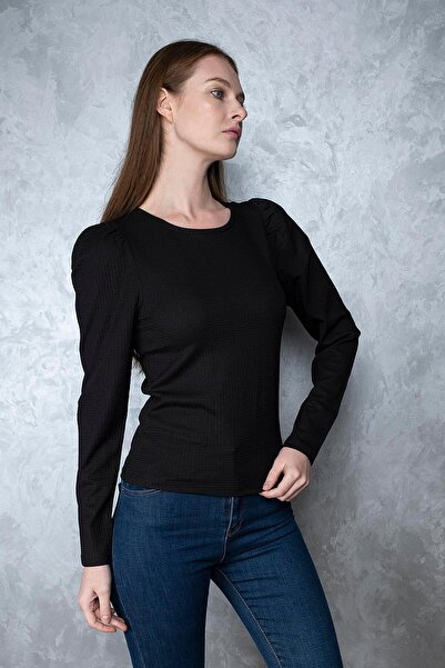 Miss Murem Watermelon Sleeve Seersucker Blouse-black