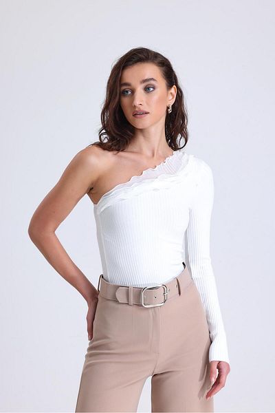 Miss Murem Single Shoulder Tulle Detailed Blouse-WHITE