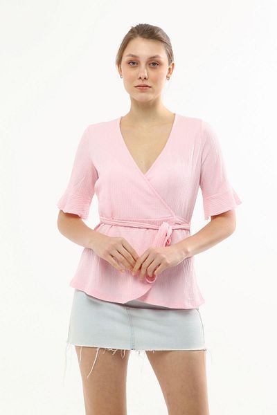 Miss Murem Double Breasted Collar Tied Seersucker Blouse-Candy Pink