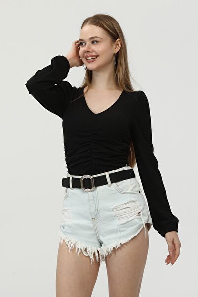 Miss Murem V-Neck Gathered Watermelon Sleeve Seersucker Blouse-black