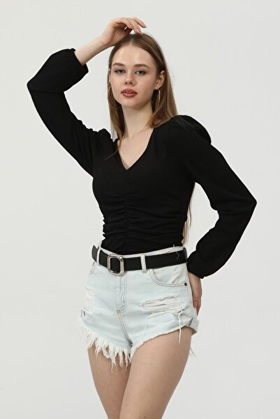 Miss Murem V-Neck Gathered Watermelon Sleeve Seersucker Blouse-black