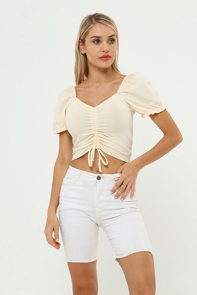 Miss Murem Gathered Front Sleeve Watermelon Sleeve Blouse-beige
