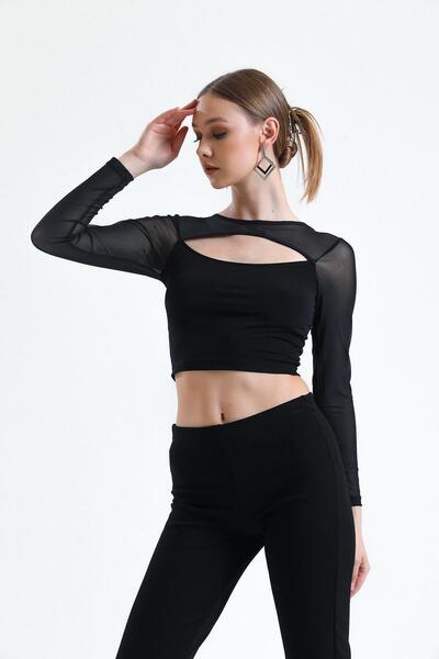 Miss Murem Chest Window Sleeve Tulle Long Sleeve Sandy Blouse-black