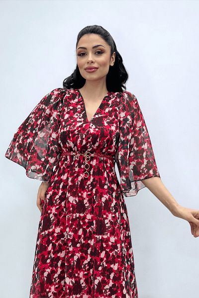 giyimmasalı Chiffon Fabric Bat Sleeve Midi Dress - RED