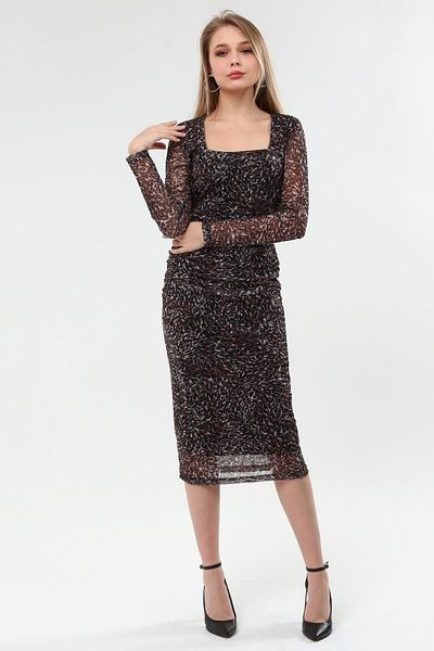 Miss Murem U-Neck Gathered Lined Chiffon Dress-black Brown