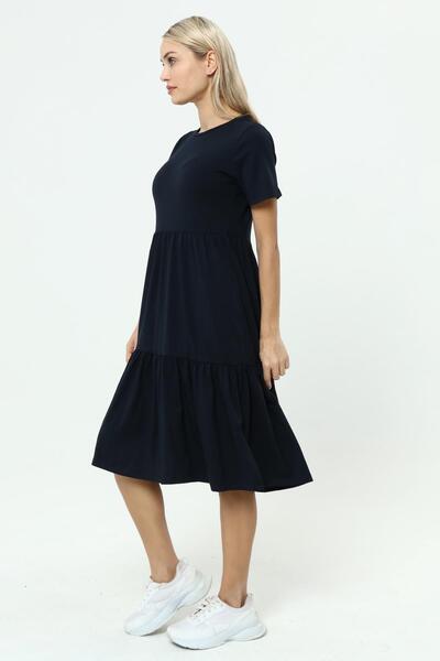 Miss Murem Long Dress with Skirt Stitching - dark blue