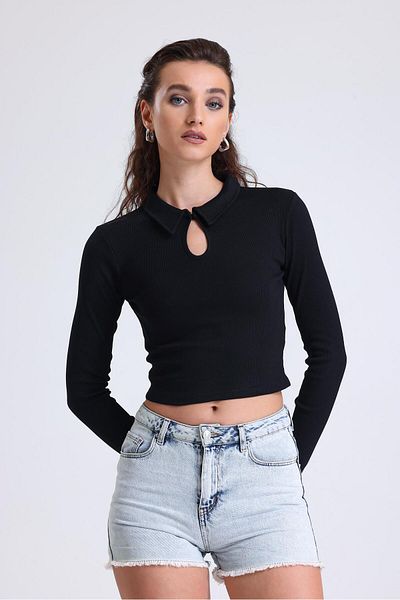 Miss Murem Shirt Collar Drop Detail Blouse-BLACK