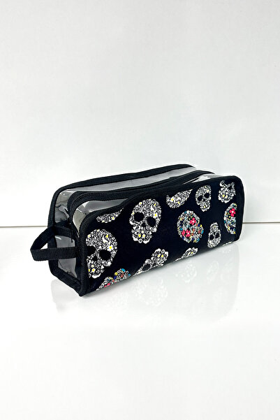 EgeOnline Bage Skull Desenli Şeffaf Kozmetik Makyaj Çantası Kalemlik