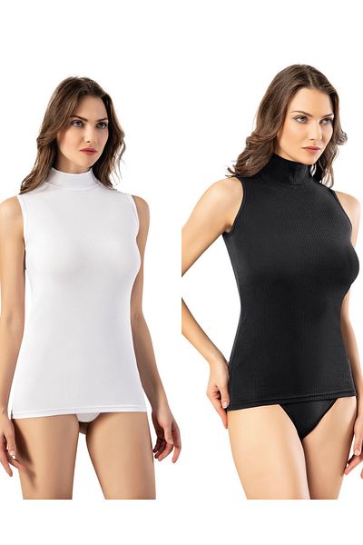 LEYNA BUTİK Women's Turtleneck Zero Sleeve Corded Bodysuit (1 Black and 1 White)