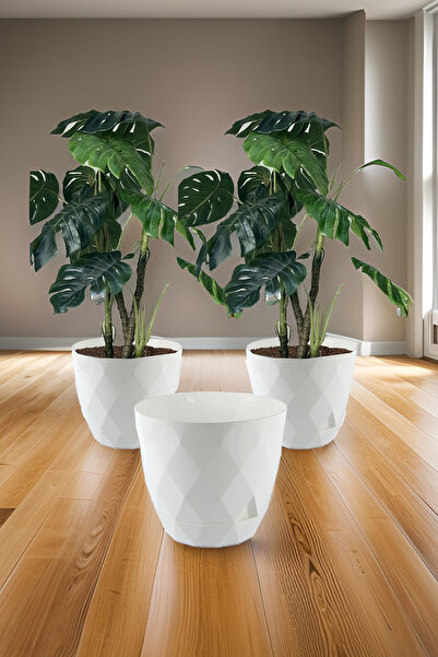 TEMMUZ HOME No5 3 Adet 9.2 Litre Prizma Desenli Tabaklı Plastik Saksı Yakamoz...