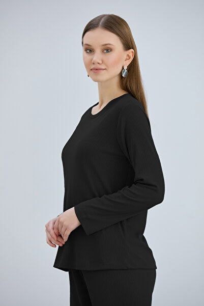 ÇAĞ MODA Viskon Örme Fitilli Kaşkorse Bisiklet Yaka Uzun Kollu Kadın Pijama Takımı