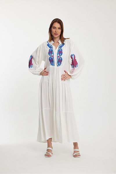 Denismoda Women's Magnificent Collar Front and Sleeve Embroidery Detailed Long Viscose Dress