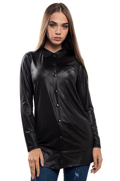 Miss Murem Snap Slit Leather Look Shirt Tunic-black