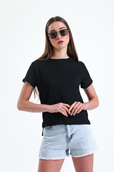 Miss Murem Black Raschel Fabric Crew Neck T-Shirt