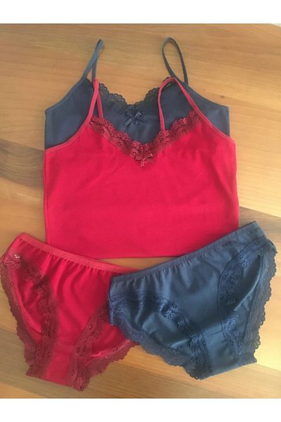 LEYNA BUTİK Women's Burgundy Navy Blue 2 Pieces Thread Strap Athlete Panties Set