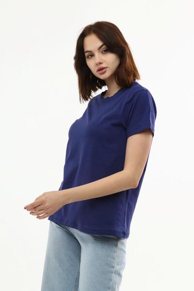 Miss Murem Round Neck Basic T-shirt-navy blue
