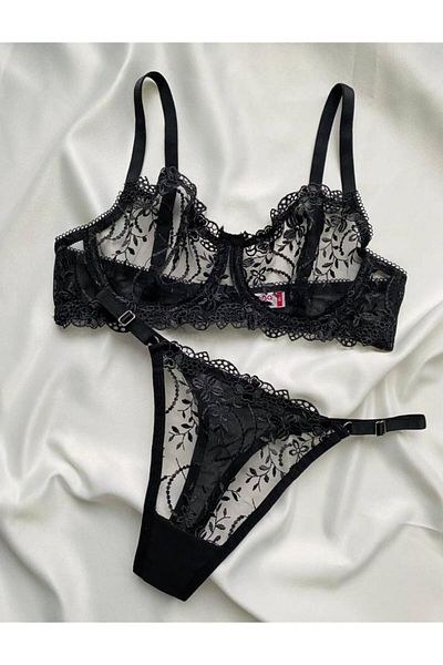 FAİR DESİGN Underwire Lace Bra Set Black Bra Set Brode Set