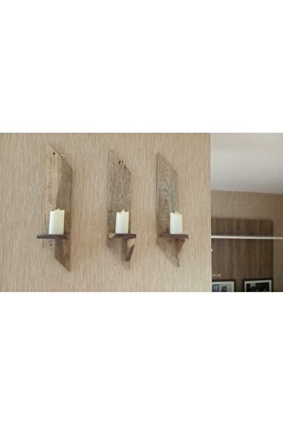 Genel Markalar Doğal Ahşap 3'lü Dekoratif Duvar Süsü Mumluk Obje Ahşap
