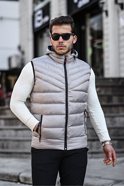 Rompasso Men's Beige Water and Windproof Regular Regular Fit Removable Hood Inflatable Padding Vest