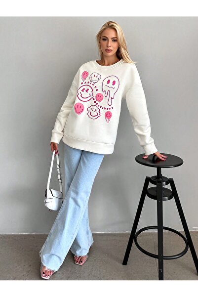 Jose Clothing oversized Φούτερ με μακρυμάνικο καρτούν με τύπωμα επένδυση fleece