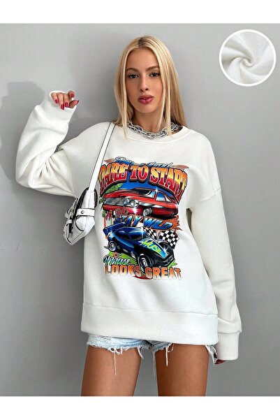 Jose Clothing oversized Φούτερ με μακρυμάνικο καρτούν με τύπωμα επένδυση fleece