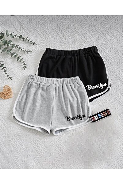 NewCabin شورت نسائي قصير مكون من قطعتين من القطن الممشط باللون الأسود والرمادي